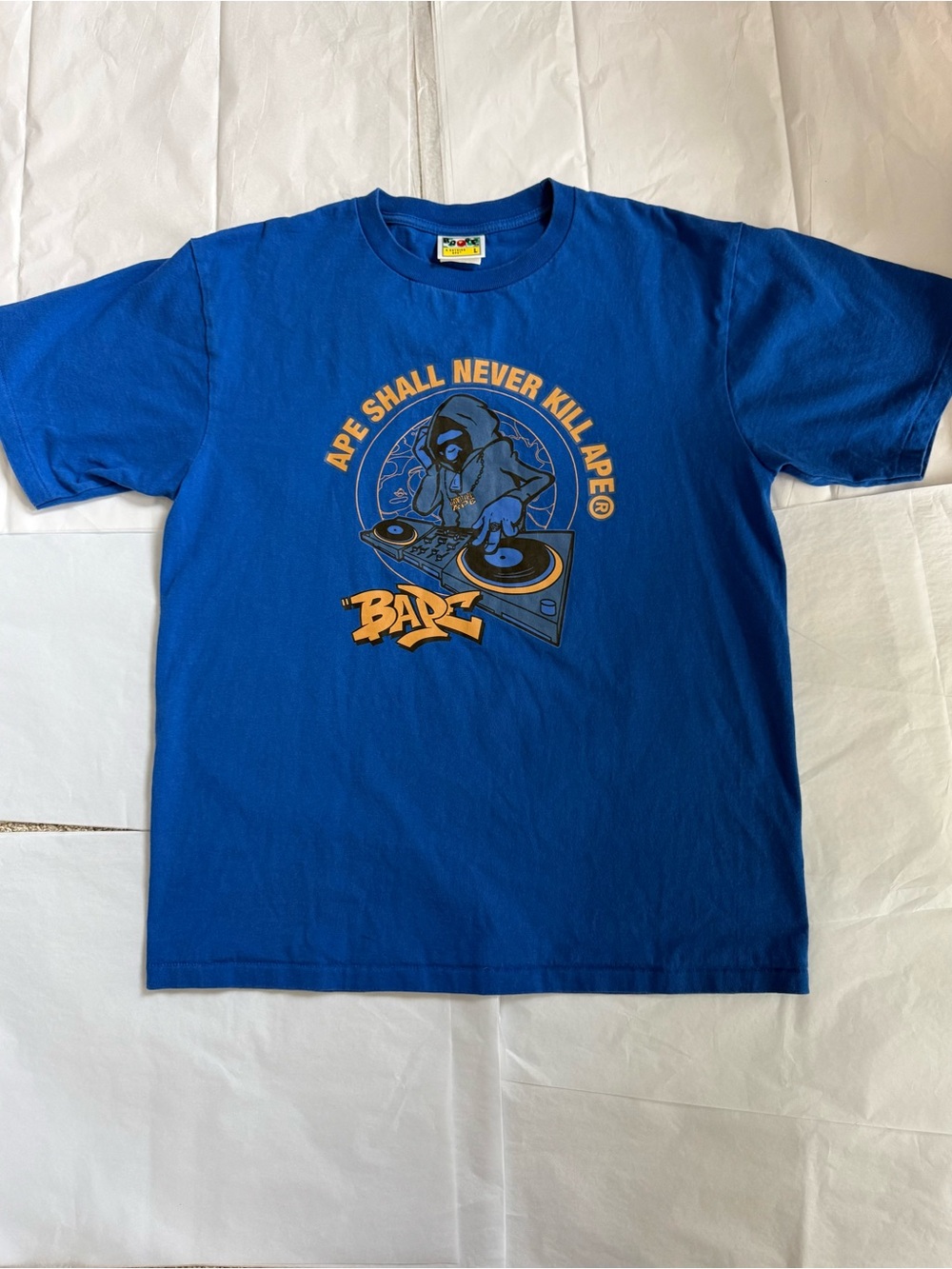 A Bathing Ape BAPE DJ Tee Royal Blue Graphic T-Shirt Size Large L Excellent